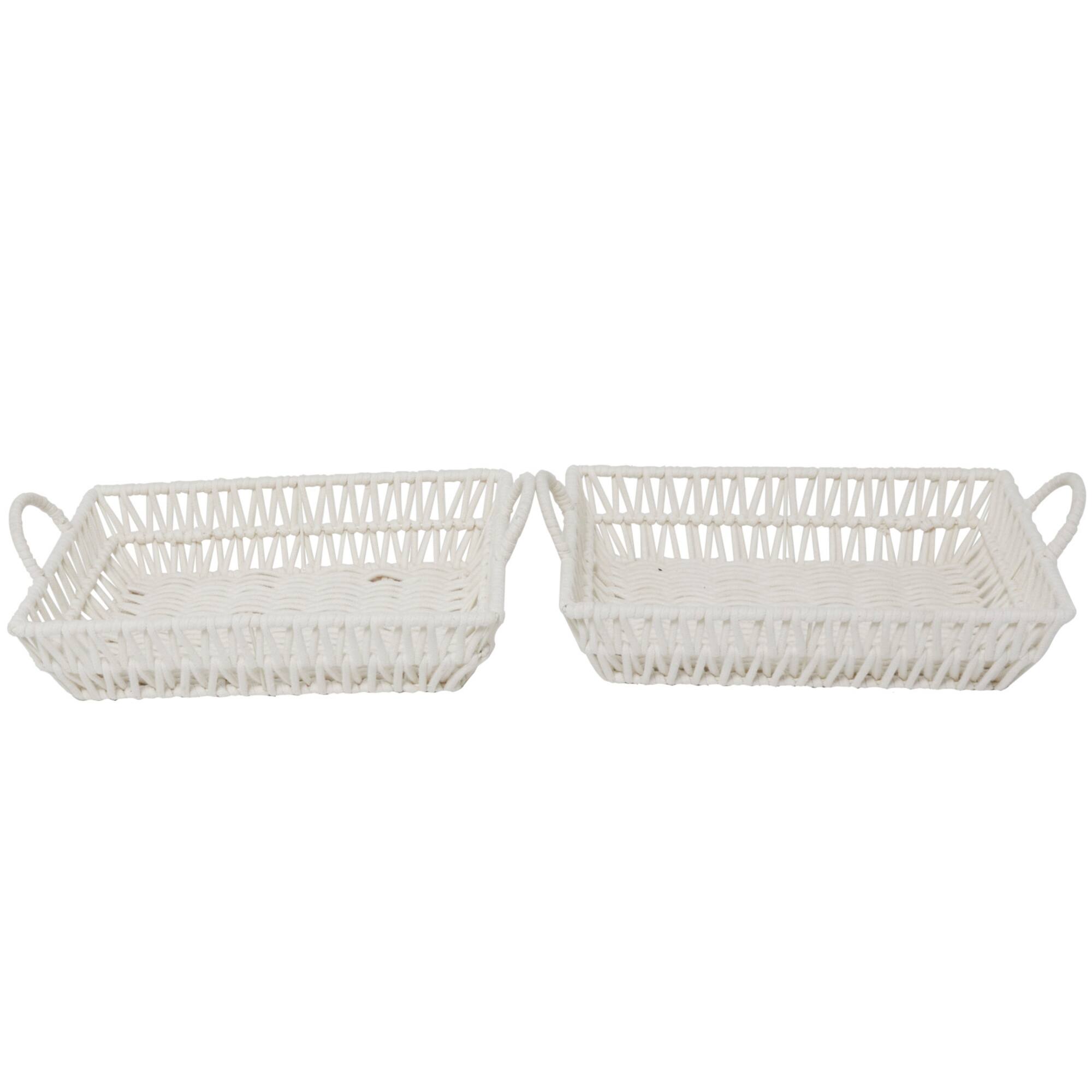 White Cotton Handmade Woven Storage Basket with Handles Set of 2 19", 18"